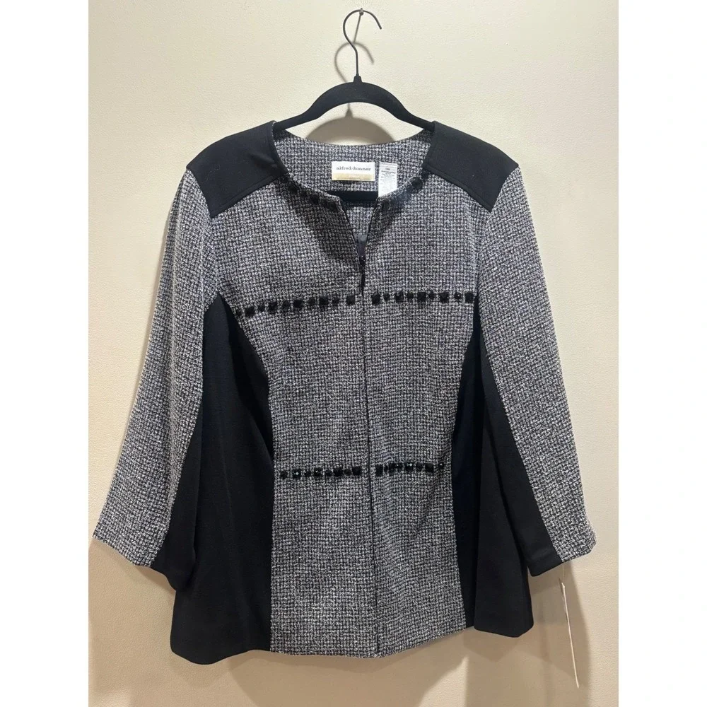 Alfred Dunner Woman‎ 16W Oscar Night Jacket Black White Tweed Beaded Zip Church